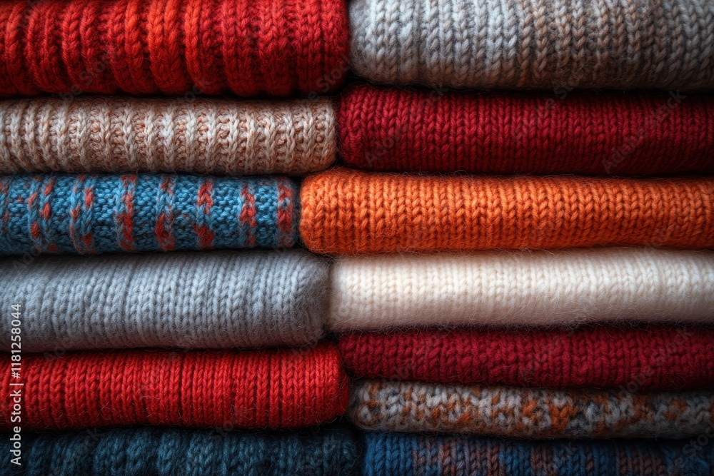 Colorful knitted sweaters stacked neatly in a warm and inviting display during autumn Colorful knitted sweaters stacked neatly in a warm and inviting display during autumn