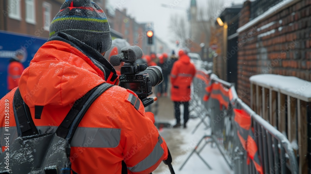 Obraz premium Inauguration Day. Cinematic capture of a videographer in snowy conditions