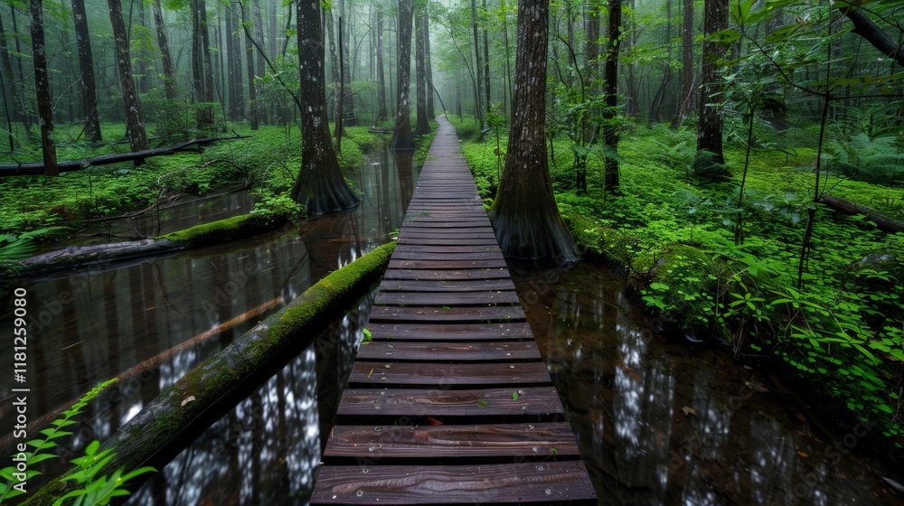 Obraz premium Take A Walk Outdoors Day. A tranquil wooden boardwalk in a lush, green forest surrounded by serene wetlands.