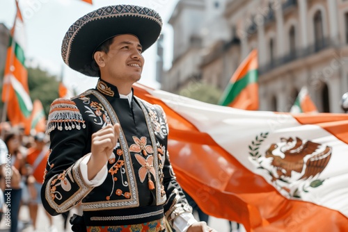 Mariachi Day. A cheerful mariachi musician in traditional attire, holding a Mexican flag during a vibrant street festival. photo