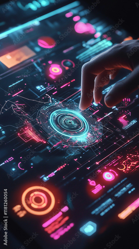 AI interface with augmented reality showing real-time data as a user interacts with the system. AI interface with augmented reality showing real-time data as a user interacts with the system.