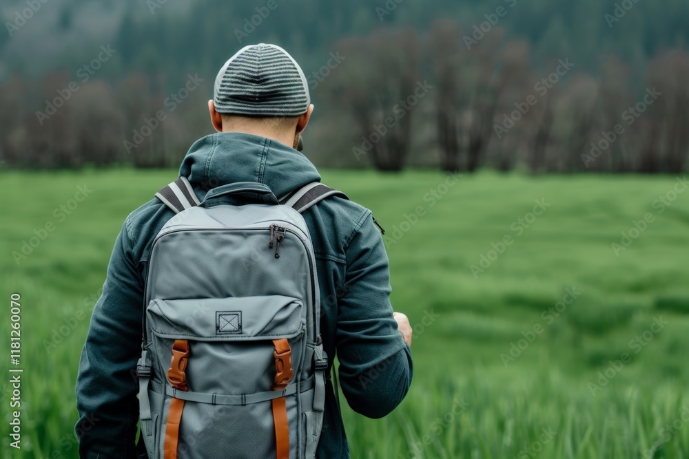 Take A Walk Outdoors Day. Man equipped with backpack and camera, exploring green forest trail. Take A Walk Outdoors Day. Man equipped with backpack and camera, exploring green forest trail.