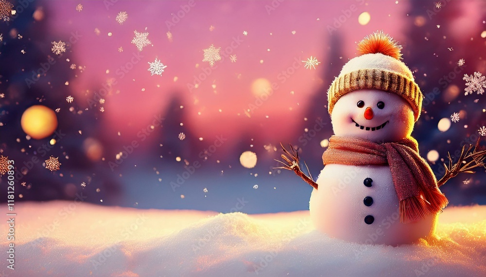 Obraz premium 冬の真っ白な雪が積るピンク色の夕焼けの風景と雪だるまのイラスト。コピースペースあり。aiで生成