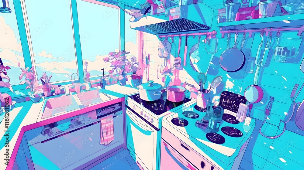 Obraz premium Kitchen setting in anime style, with a mix of blue and pink tones