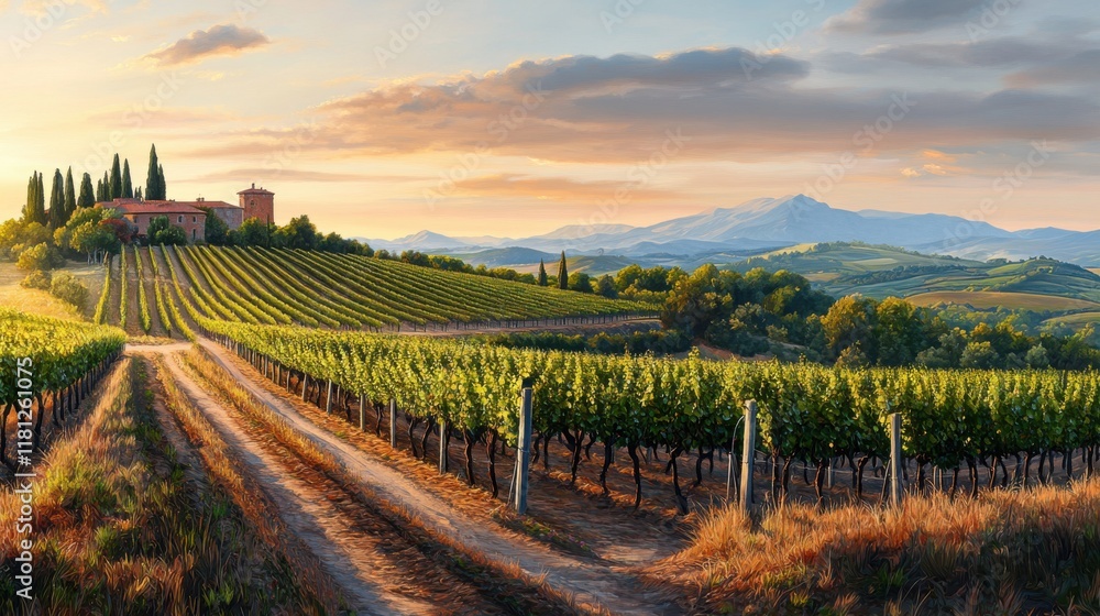 Fototapeta premium Scenic Vineyard Landscape at Sunset with Lush Green Grapevines and Rolling Hills in the Background