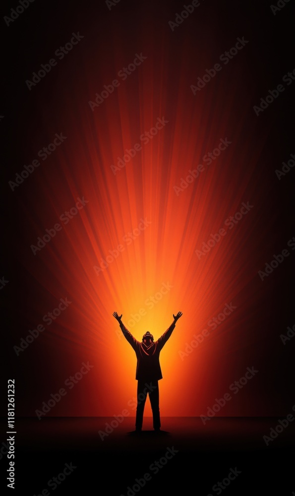 Person Silhouetted Against Bright Orange Rays Emerging from Dark Background in Empowering Pose
