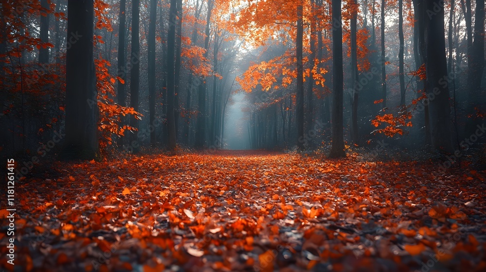 Fototapeta premium vibrant orange and red autumn leaves scattered on a forest floor. 