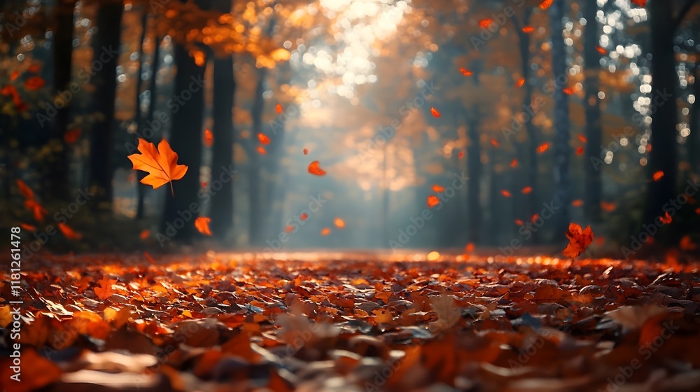 vibrant orange and red autumn leaves scattered on a forest floor. vibrant orange and red autumn leaves scattered on a forest floor.