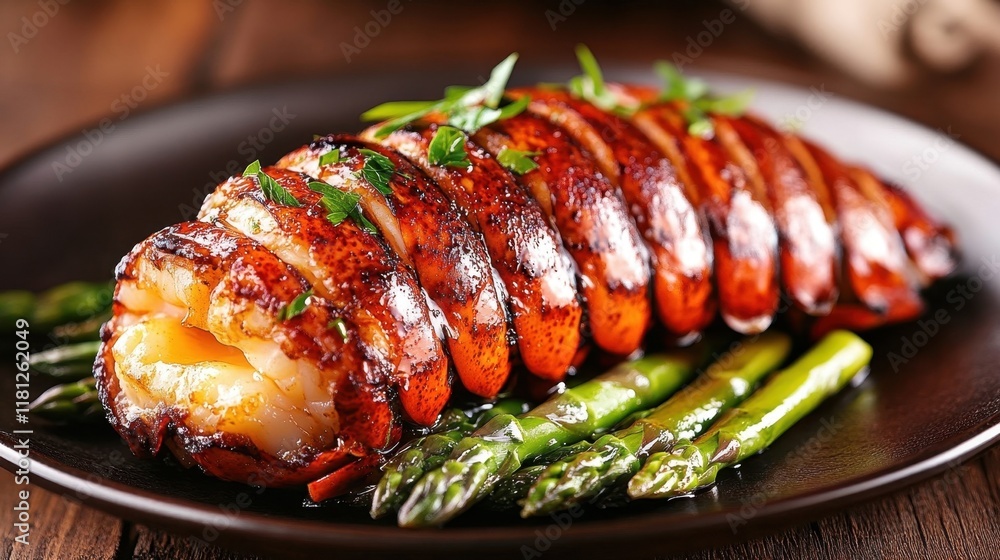 Lobster tail served on a plate with grilled asparagus, garnished with herbs, showcasing a delicious seafood dish. Lobster tail served on a plate with grilled asparagus, garnished with herbs, showcasing a delicious seafood dish.