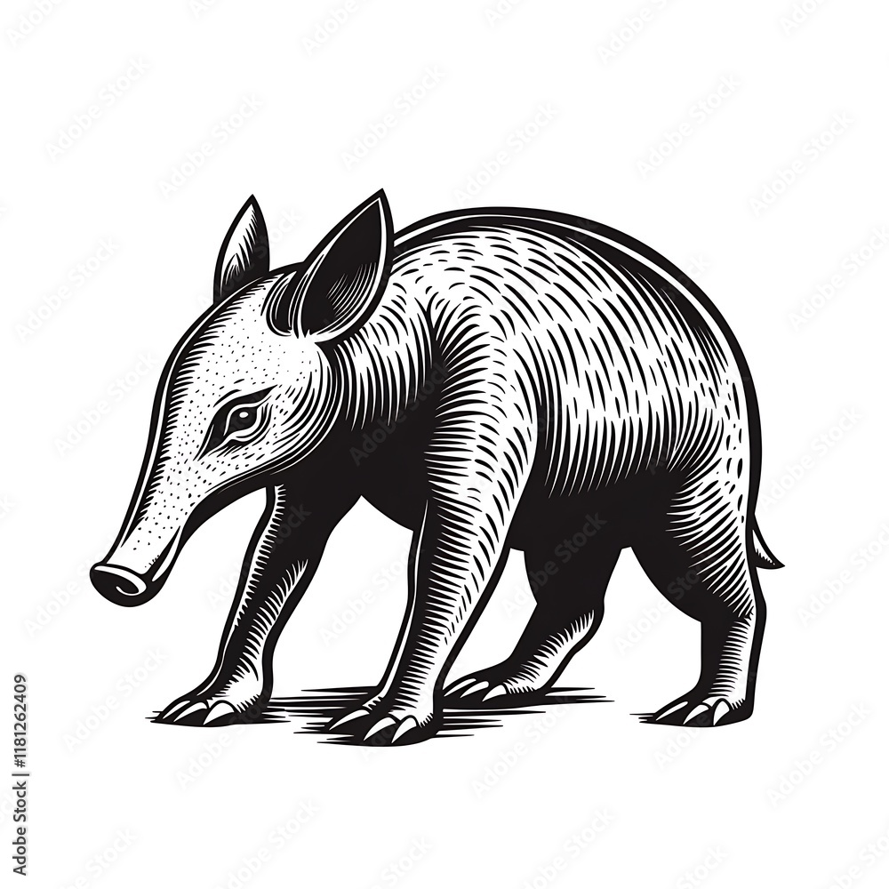 Fototapeta premium Black and white illustration of a young collared peccary.