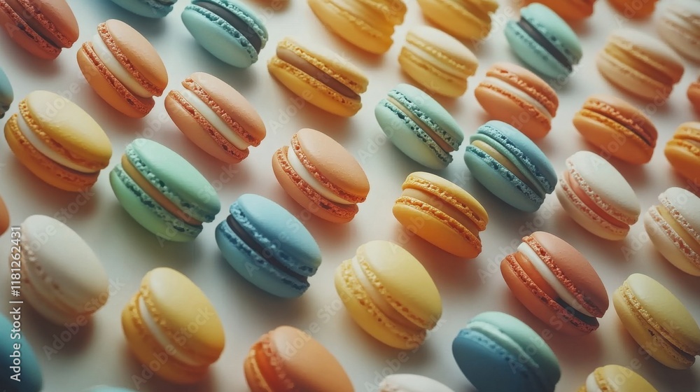 Colorful macarons arranged in a vibrant pattern, showcasing a variety of pastel shades and textures, perfect for dessert lovers and culinary enthusiasts. Colorful macarons arranged in a vibrant pattern, showcasing a variety of pastel shades and textures, perfect for dessert lovers and culinary enthusiasts.