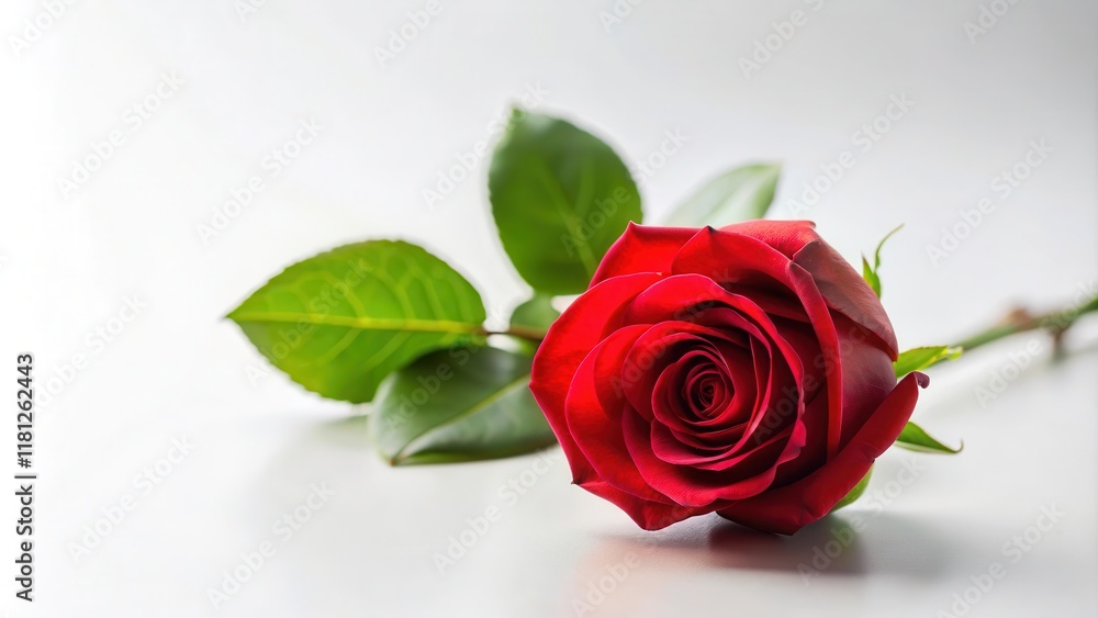 A single red rose flower with delicate green leaves and a subtle stem set against a soft white background A single red rose flower with delicate green leaves and a subtle stem set against a soft white background
