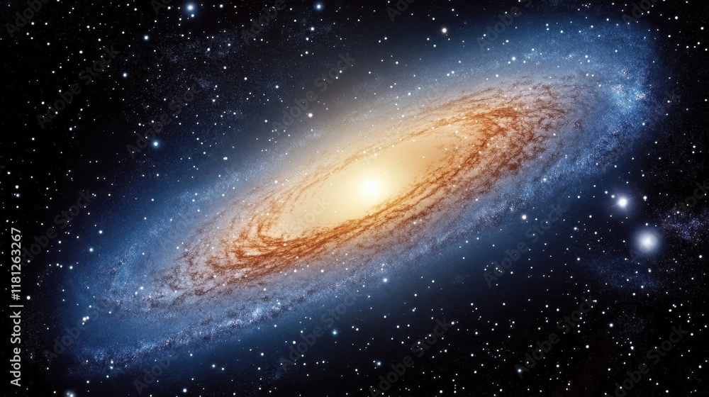 Fototapeta premium A stunning spiral galaxy illuminated by a bright core, surrounded by twinkling stars against a dark cosmic backdrop.