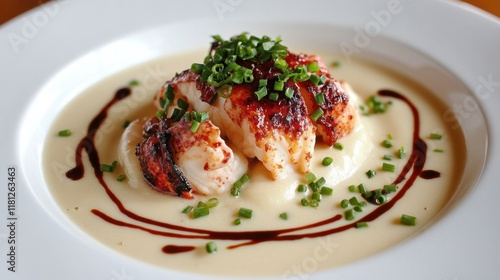 A gourmet dish featuring grilled shrimp on a creamy sauce, garnished with herbs and a drizzle of balsamic reduction.