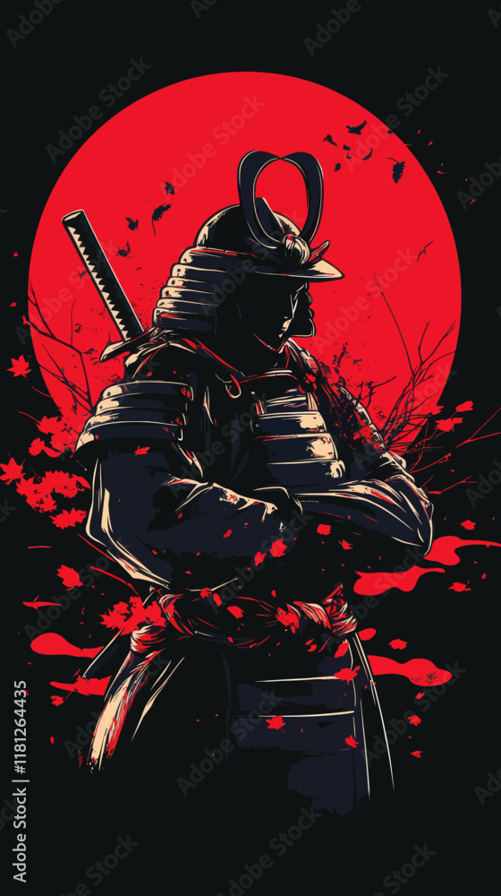Dynamic Samurai Warrior Illustration Against Striking Red Black Backdrop Dynamic Samurai Warrior Illustration Against Striking Red Black Backdrop