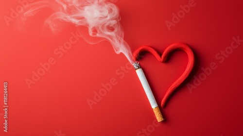 Cigarette emits smoke shaped like a heart against a vibrant red background, symbolizing the complex relationship between love and smoking