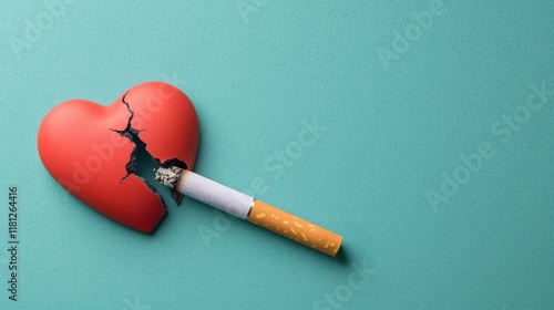 Broken heart with a cigarette symbolizes the harmful effects of smoking on love and risk health of habits