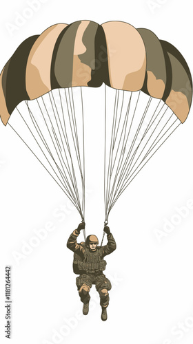 Minimalist Vector Illustration of Airborne Soldier Parachute Jumping in Camouflage