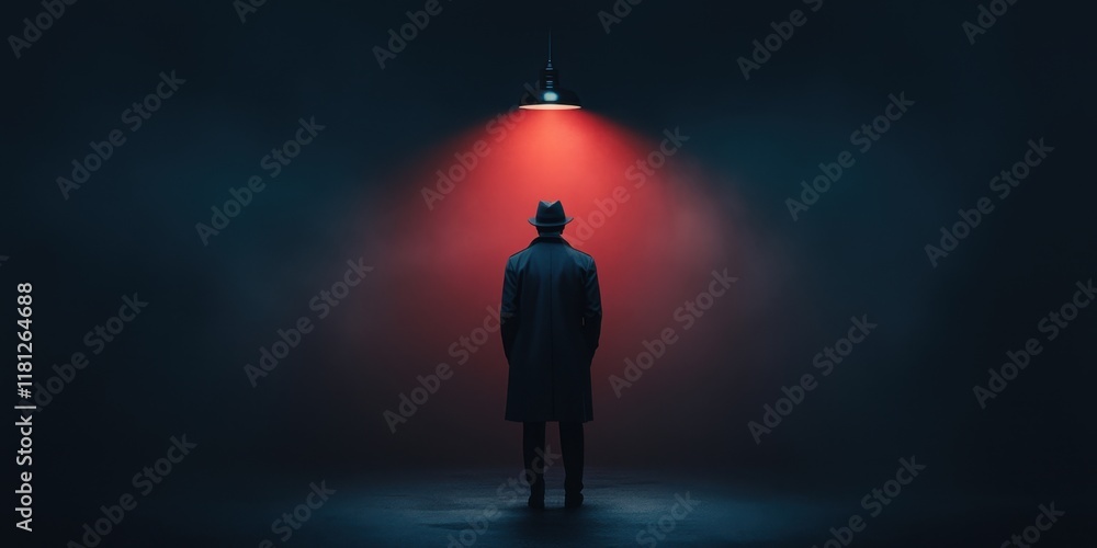 Obraz premium Mysterious detective in shadowy street under flickering light - noir atmosphere