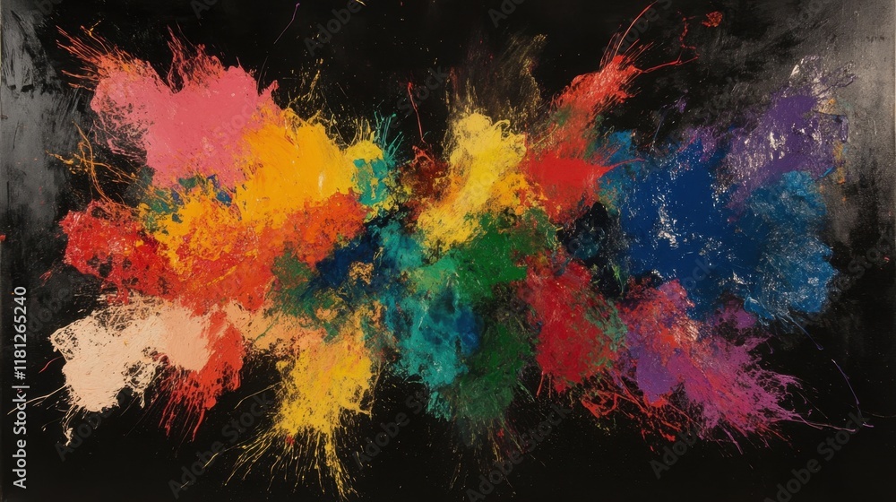 Holi colors splattered across a black canvas, creating a dramatic and bold abstract visual representation. Holi colors splattered across a black canvas, creating a dramatic and bold abstract visual representation.