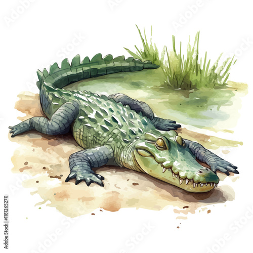 A watercolor painting of a crocodile sunbathing on the riverbank, isolated on a white background. Crocodile vector.
