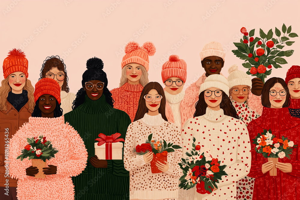Obraz premium A group of diverse individuals sharing a joyful, compassionate moment, symbolizing the celebration of kindness, with a warm pastel-colored background that enhances the sense of unity and positivity.