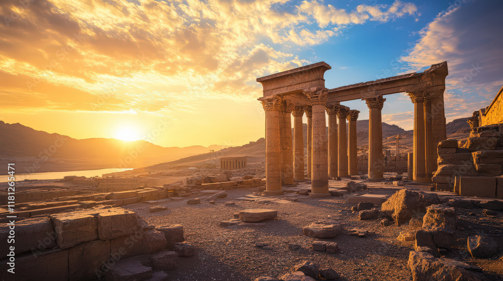 Naklejka premium Ancient temple ruins at dawn with sun rising