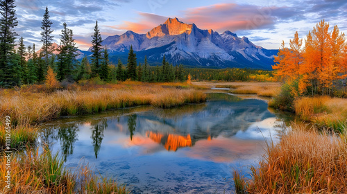 Autumn sunrise mountain reflection, calm lake, fall foliage, Canadian Rockies, travel postcard. photo