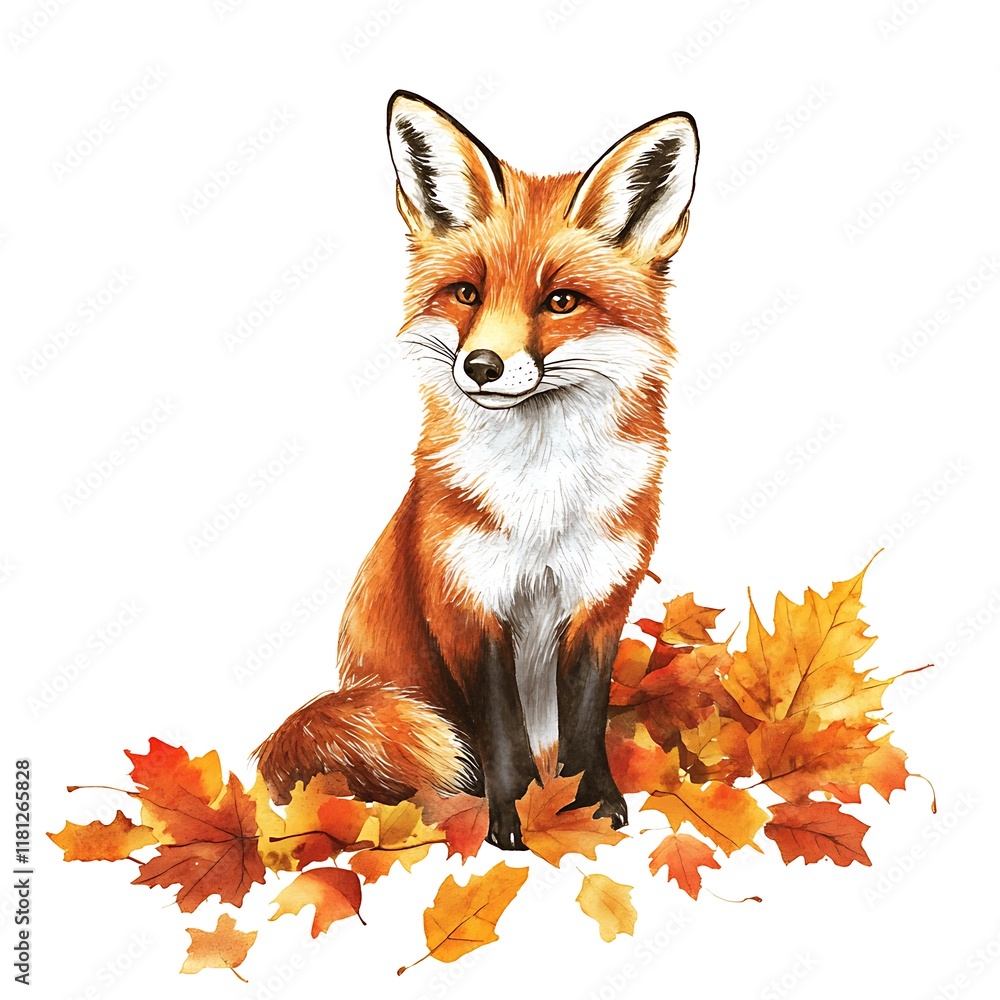 Fototapeta premium Red fox sitting amidst autumn leaves. (1)