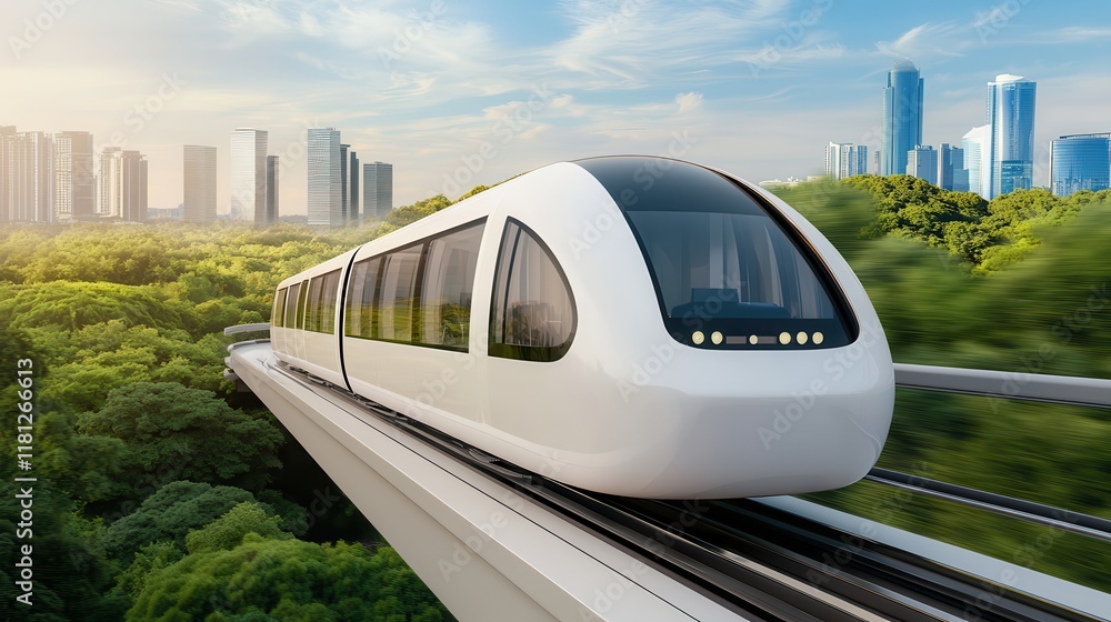 Naklejka premium Airports provide transit transportation services. Futuristic train traveling through a lush green cityscape.