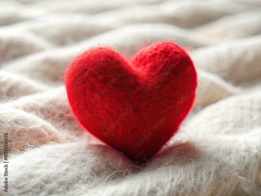 A close-up reveals a handmade red felt heart, a charming Valentine's Day decoration crafted from wool. A close-up reveals a handmade red felt heart, a charming Valentine's Day decoration crafted from wool.