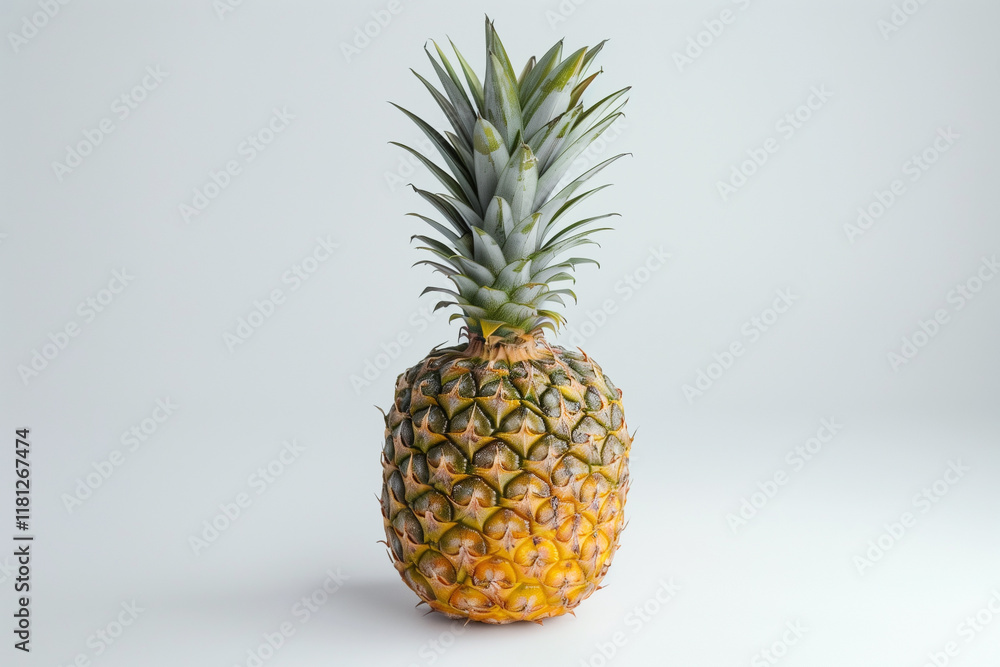 A pineapple with a rough, textured skin, standing upright on a white background. A pineapple with a rough, textured skin, standing upright on a white background.