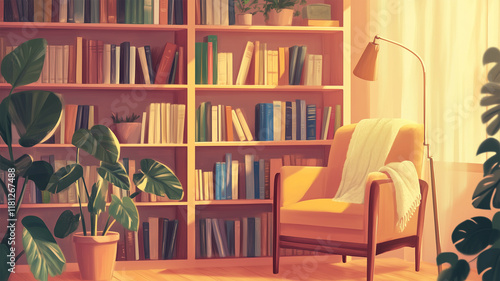 Wallpaper Mural 本棚と暖かい光に包まれたリーディングヌックのイラスト Torontodigital.ca