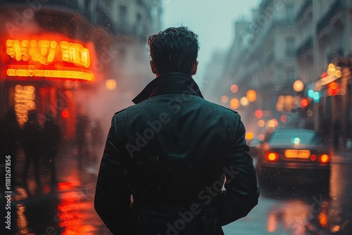 Fashion-forward model in fitted trench coat walking through rainy paris night high fidelity urban environment dramatic viewpoint photo