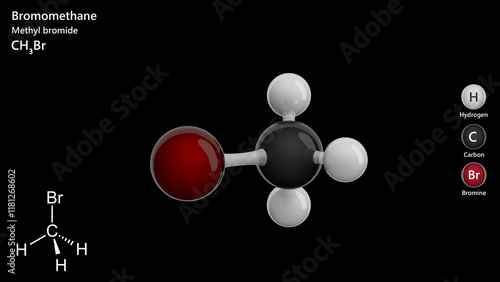 Molecule: Bromomethane or methyl bromide. Fumigant. Molecular structure. Formula: CH3Br. Chemical model: Ball and stick. Black background. 3D illustration. photo