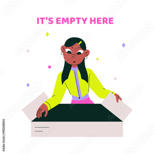 Woman Looking Into An Empty Box In Flat Vector Illustration Symbolizing Disappointment, Curiosity, And Unfulfilled Expectations, Isolated On White Background.
