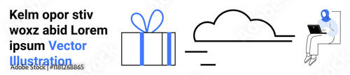 Gift box with ribbon, cloud icon, and a woman in a blue headscarf using a laptop on a chair. Ideal for holiday themes, technology, remote work, cloud computing, text samples, e-commerce and holiday