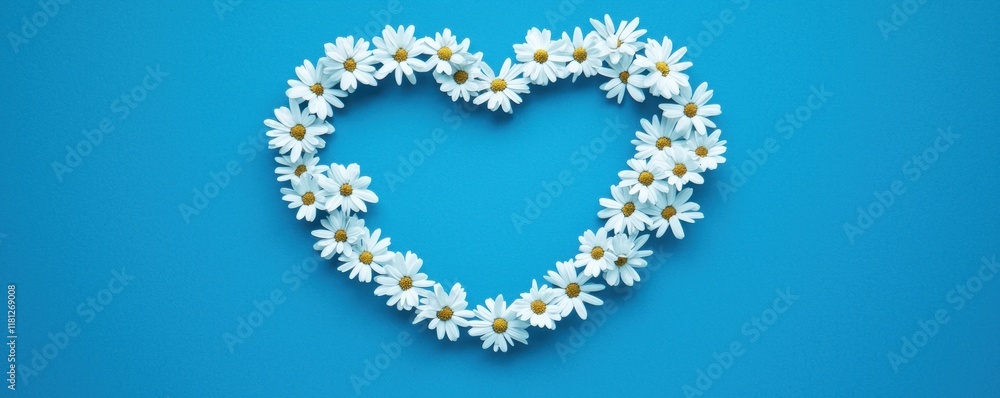 Fototapeta premium A heart-shaped arrangement of white daisies against a vibrant blue background, symbolizing love and nature.