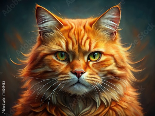 A grumpy orange cat stares, surreal close-up, artistic pet portrait, vibrant paint strokes.