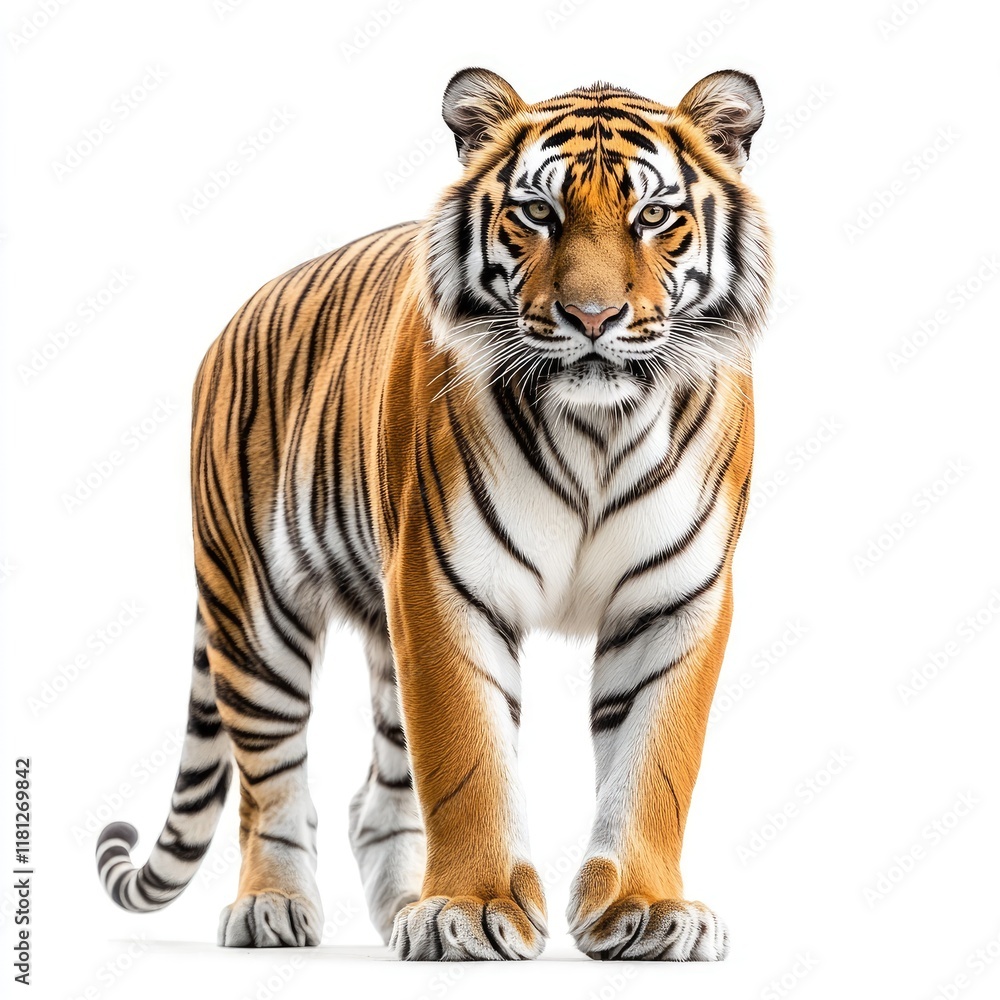 Naklejka premium A majestic tiger standing confidently, showcasing its striking fur and powerful presence.