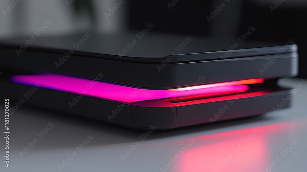 Close-up of a sleek, black electronic device with vibrant pink and red LED lights illuminating its base. Close-up of a sleek, black electronic device with vibrant pink and red LED lights illuminating its base.