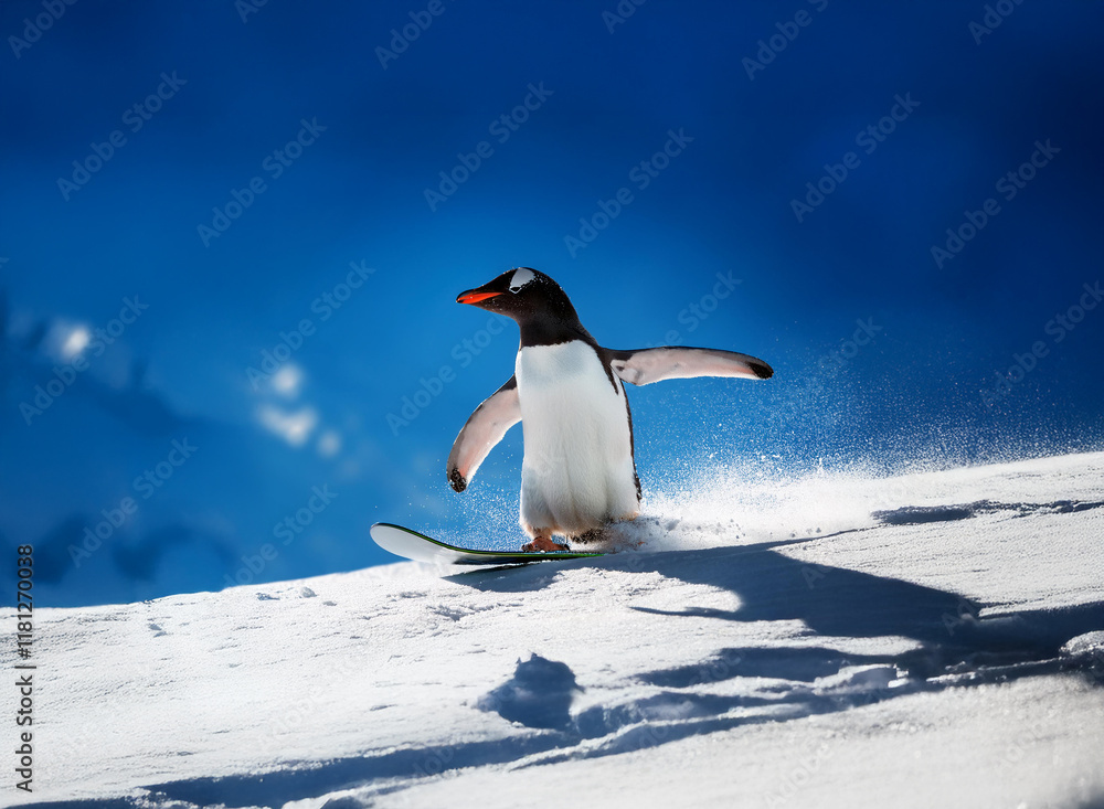 Fototapeta premium A penguin gracefully skis down a snowy slope under a vibrant blue sky. The sun shines brightly, casting a shadow on the pristine snow. Its wings are outstretched as it enjoys a winter adventure.