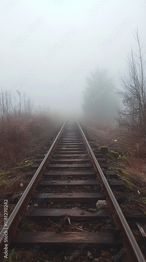 Fototapeta premium An abandoned train track disappearing into the fog, creating a haunting atmosphere.