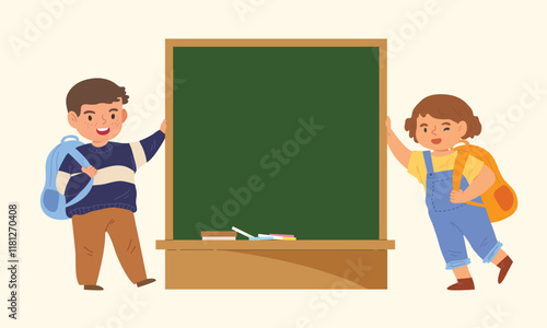 Student boy and girl school kids standing aside blank blackboard. Empty board template for message, kindergarten advertising, Classroom decoration, Back to school. Flat vector illustration