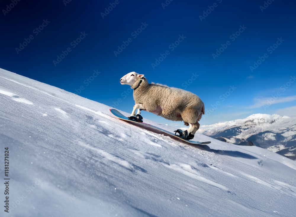 Naklejka premium A sheep confidently snowboards down a snowy mountain slope under a vibrant blue sky. The scene is playful and unexpected, showcasing the animal's surprising skill.