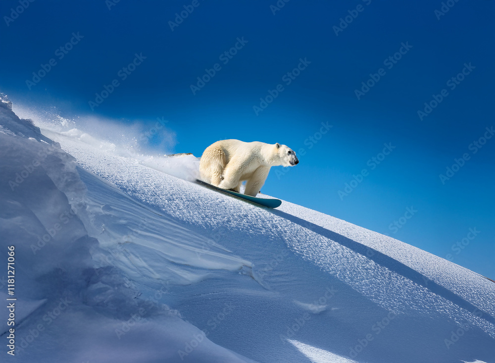 A polar bear snowboards down a pristine, snowy slope under a vibrant blue sky. The scene is dynamic and playful, capturing a moment of unexpected action in a wintry landscape. A polar bear snowboards down a pristine, snowy slope under a vibrant blue sky. The scene is dynamic and playful, capturing a moment of unexpected action in a wintry landscape.