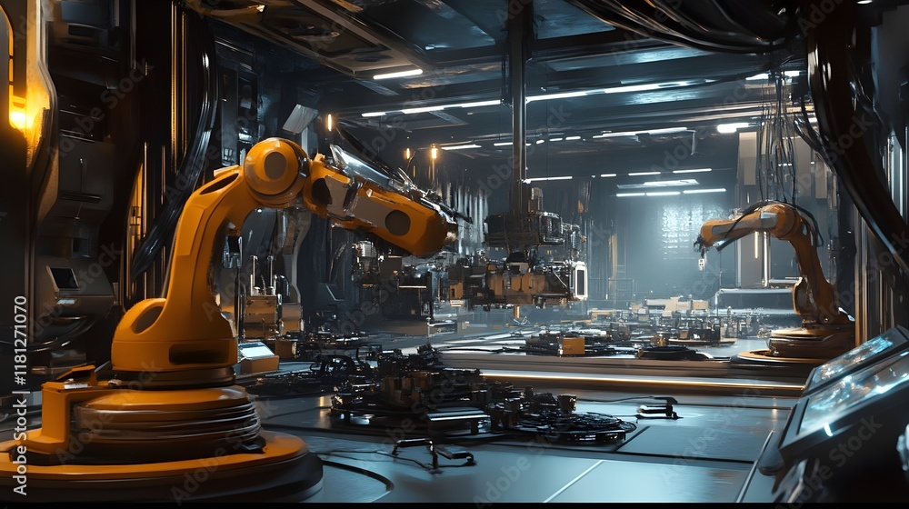 A robotic arm assembling intricate machinery in a futuristic factory A robotic arm assembling intricate machinery in a futuristic factory
