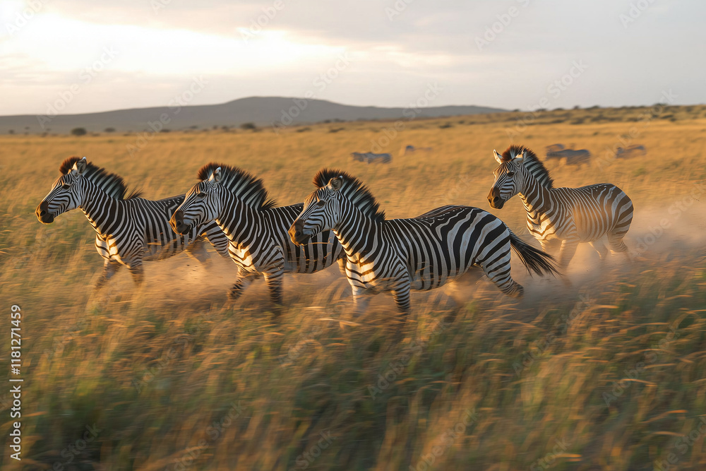 Obraz premium A stunning shot of zebras galloping across a wide plain at dusk, their motion creating an elegant blur. The warm glow of sunset and the rising dust enhance the wild beauty of the scene, reflecting the