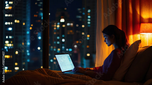 Woman working late on laptop at night