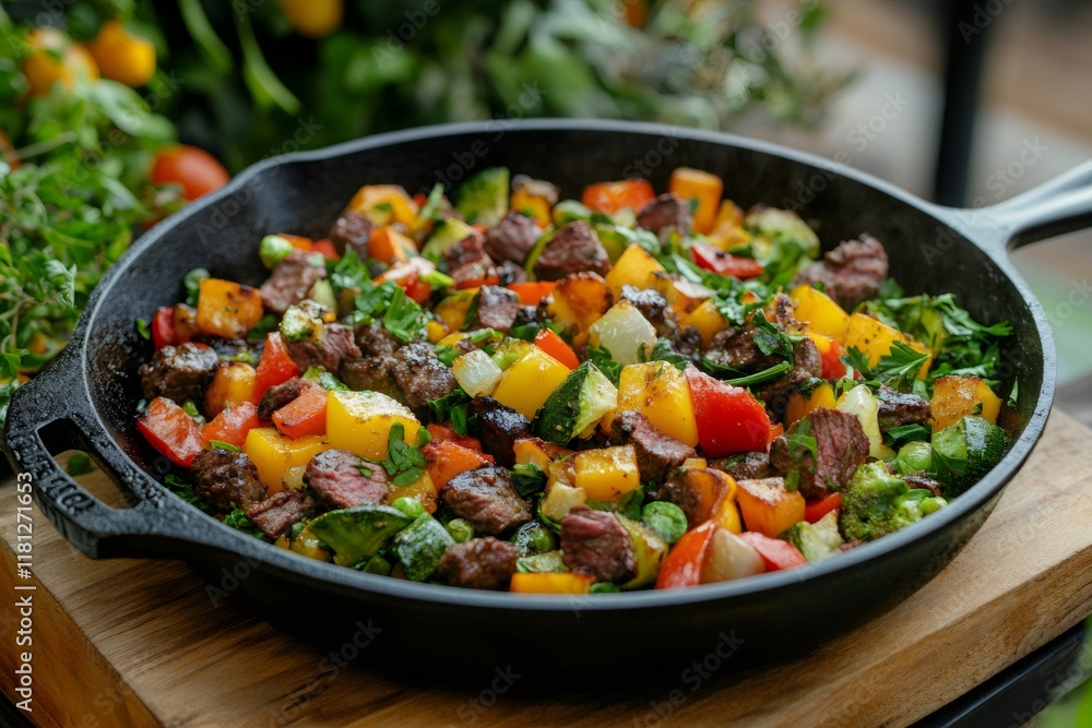 Diced beef and vegetable saute cooking in cast iron skillet Diced beef and vegetable saute cooking in cast iron skillet